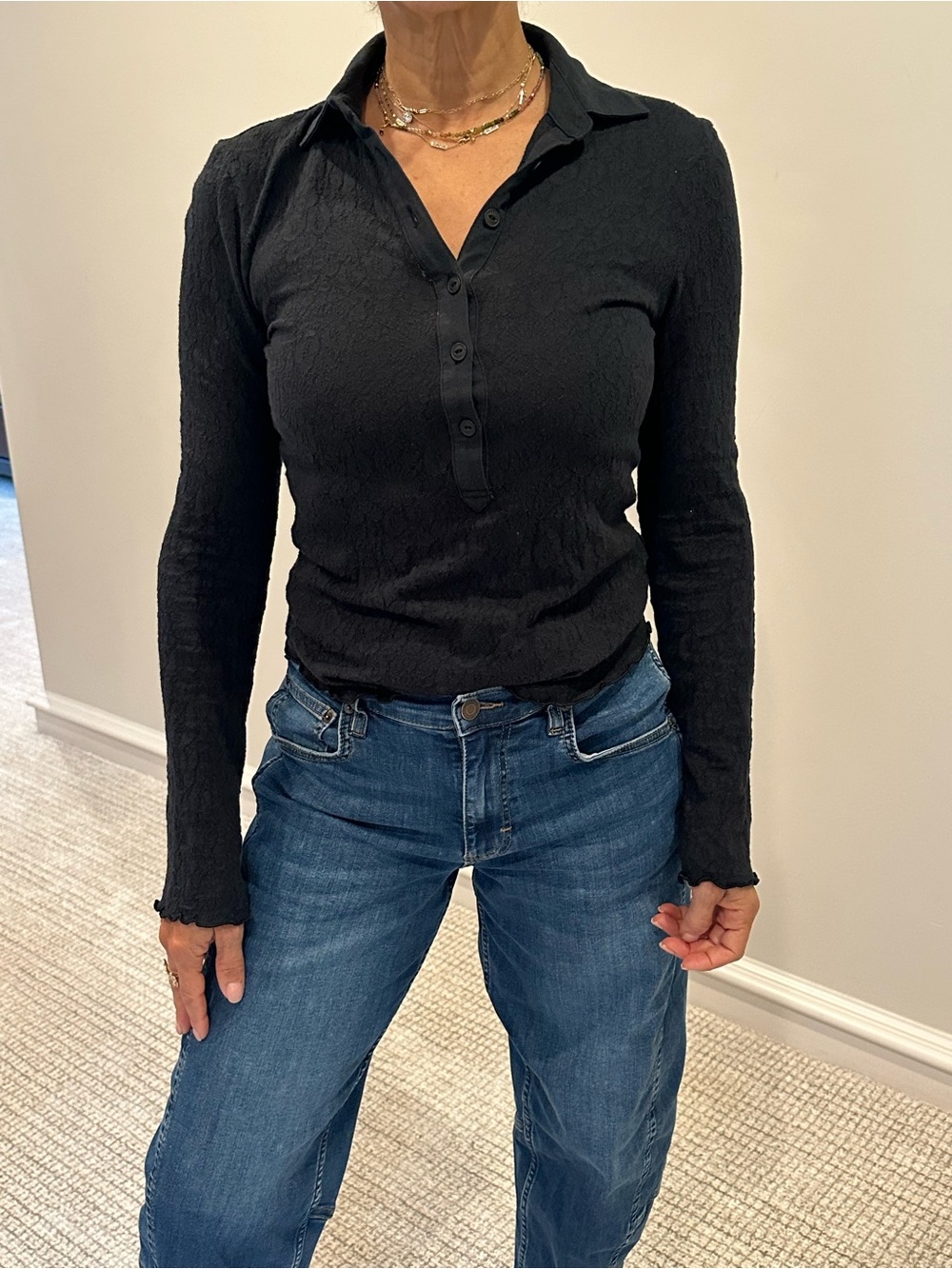 RAG And BONE Black Long-Sleeve Polo Top - Women's Classic Ribbed Knit